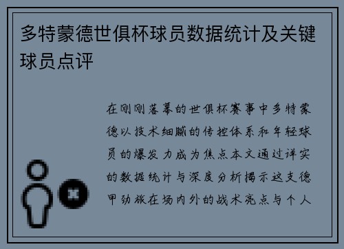 多特蒙德世俱杯球员数据统计及关键球员点评