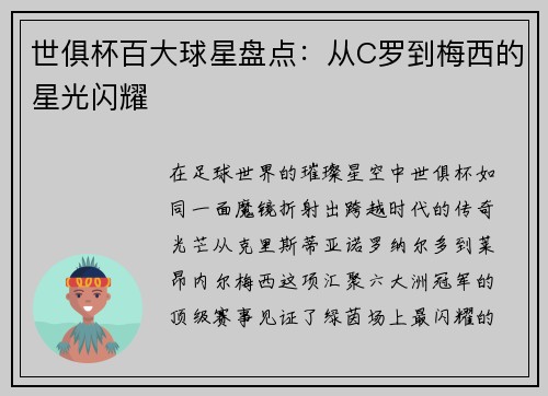 世俱杯百大球星盘点：从C罗到梅西的星光闪耀
