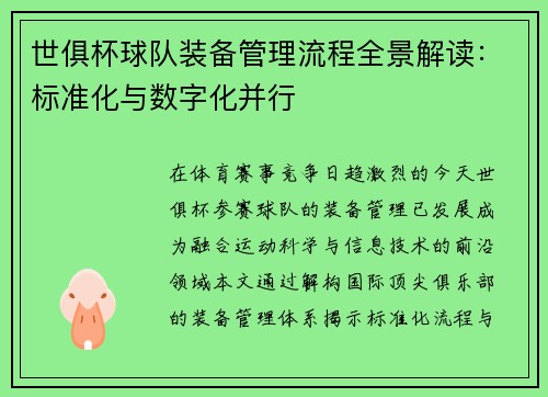 世俱杯球队装备管理流程全景解读：标准化与数字化并行